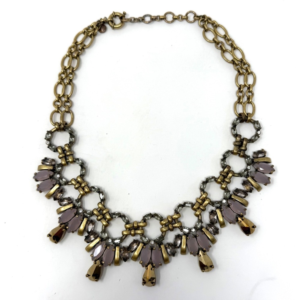 J.Crew Statement Necklace Antique Gold Tone Pink Smoky Crystal Bib